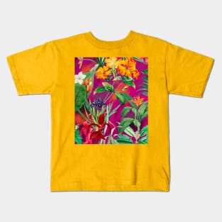Colorful tropical floral leaves botanical illustration, tropical plants,leaves and flowers, red pink leaves pattern Kids T-Shirt